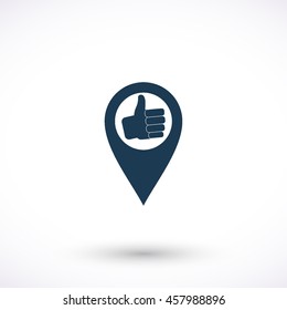Pin with thumb up vector icon. Graphic symbol for web design, logo. Isolated sign on a white background. 