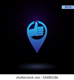 Pin with thumb up vector icon. Graphic symbol for web design, logo.