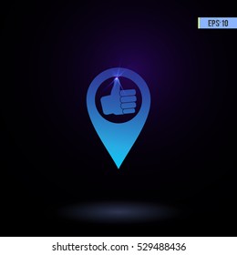 Pin with thumb up vector icon. Graphic symbol for web design, logo.