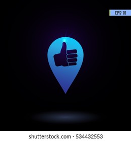 Pin with thumb up vector icon. Graphic symbol for web design, logo. Isolated sign on a white background.