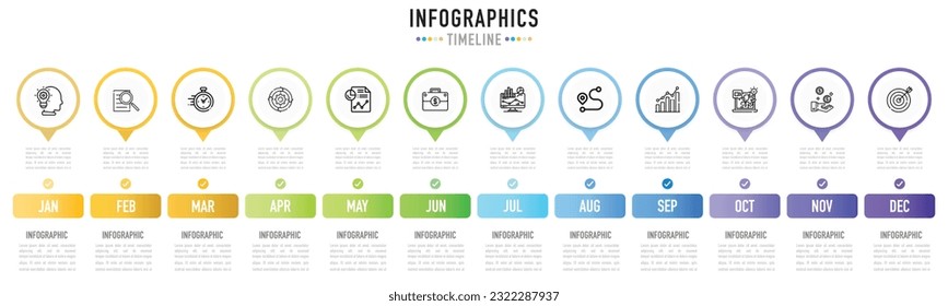 Pin timeline infographic template or element with 12 step, process, option, colorful circle, button, tag, label, minimal style for sale slide, flowchart, planner, schedule, workflow, annual report web