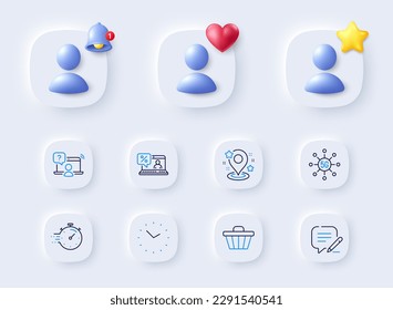 Iconos de la línea de anclaje, temporizador y carrito de compras. Marcador de posición con campana 3d, estrella, corazón. Paquete de tecnología 5g, pregunta en línea, icono de préstamo en línea. Tiempo, escribir pictograma. Para aplicación web, imprimir. Vector