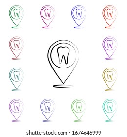 Pin, tooth multi color style icon. Simple thin line, outline vector of dentist icons for ui and ux, website or mobile application