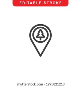 Pin With Tree Outline Icon. Pin Line Art Logo. Vector Illustration. Isolated on White Background. Editable Stroke