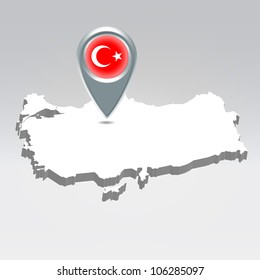 Pin with Turkey flag over turkish silhouette map hanging in air