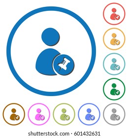 Pin user account flat color vector icons with shadows in round outlines on white background