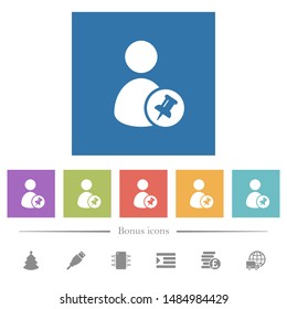 Pin user account flat white icons in square backgrounds. 6 bonus icons included.