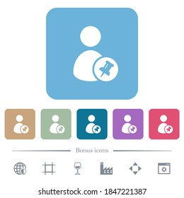 Pin user account white flat icons on color rounded square backgrounds. 6 bonus icons included