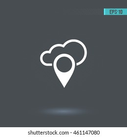 Pin vector icon. Cloud pictogram. Graphic symbol for web design, logo. White glyph on a gray background. Isolated sign.