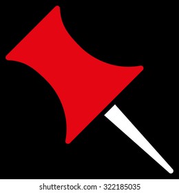 Pin vector icon. Style is bicolor flat symbol, red and white colors, rounded angles, black background.