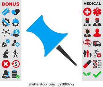 Pin vector icon. Style is bicolor flat symbol, blue and gray colors, rounded angles, white background.