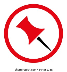 Pin vector icon. Style is bicolor flat rounded symbol, intensive red and black colors, rounded angles, white background.