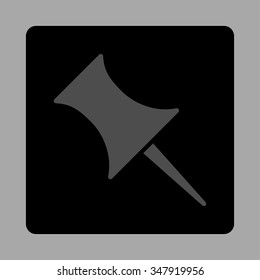 Pin vector icon. Style is flat rounded square button, gray and black colors, silver background.