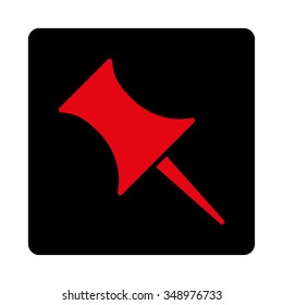 Pin vector icon. Style is flat rounded square button, intensive red and black colors, white background.