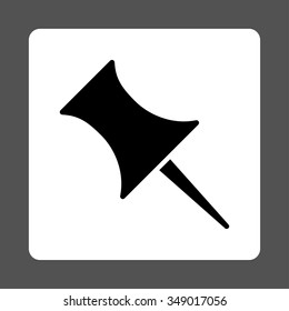 Pin vector icon. Style is flat rounded square button, black and white colors, gray background.