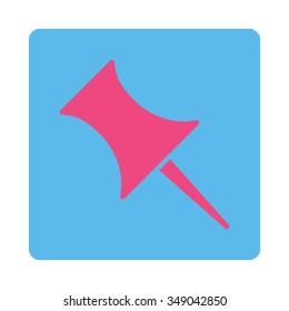 Pin vector icon. Style is flat rounded square button, pink and blue colors, white background.