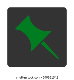 Pin vector icon. Style is flat rounded square button, green and gray colors, white background.
