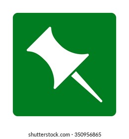 Pin vector icon. Style is flat rounded square button, white and green colors, white background.