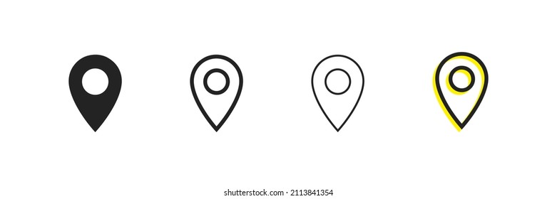 Pin vector icons. Map pin place marker. World map icon. Navigation pointer. Filled and linear location symbol. EPS10