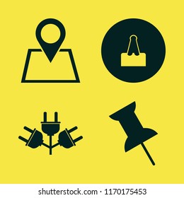 pin vector icons set. with electric plugs, push pin, paper clip and location in set