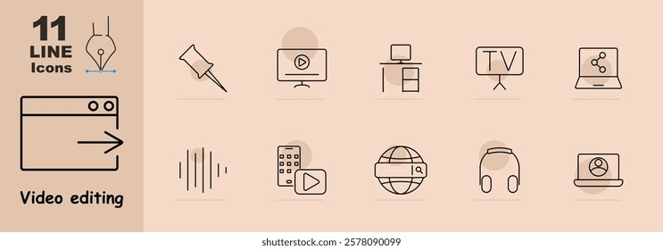 Pin, video monitor, desktop, TV, laptop with graph, soundwave, smartphone, globe search, headphones, and user profile. Represents tools for multimedia creation and editing.