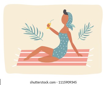 Pin up vintage girl having a rest on the beach. Suitable for prints, decorations, posters