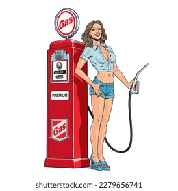 Pin up woman gas station and vintage fuel pump car service isolated on white background. Comic style vector Illustration.