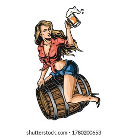 Pin up woman on beer wooden barrel with mug of foamy drink in vintage style isolated vector illustration
