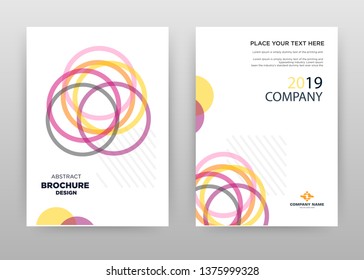 Pin, yellow orange gray circles business brochure flyer design. Multipurpose abstract brochure cover & back pages. Round fireworks leaflet vector design. Annual report presentation. Vertical A4 format