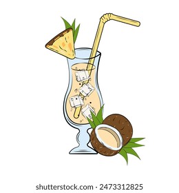 Pina colada alcohol cocktail hand drawn vector illustration. Cold drink with pineapple slice coconut ice cubes glass. Design for bar menu poster festival restaurant banner invitation