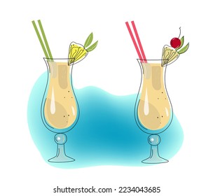 Pina colada alcohol cocktail, vector  colored doodle hand drawn sketch illustration.