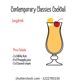 Pina colada alcoholic cocktail vector illustration recipe isolated