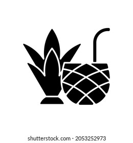 Pina colada black glyph icon. Mixed alcoholic drink, cocktail. Tropical taste. No sugar-added strained pineapple juice. Alcohol content. Silhouette symbol on white space. Vector isolated illustration