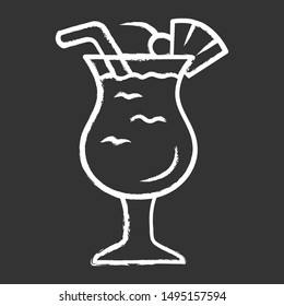 Pina colada chalk icon. Footed glass with drink, slice of fruit and straw. Refreshing alcohol beverage. Sweet mix with rum and pineapple juice. Isolated vector chalkboard illustration