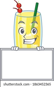 Pina colada cocktail cartoon design style standing behind a board