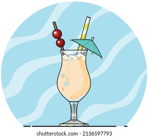 Pina Colada Cocktail with Cherries and umbrella. Blue isolated background