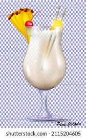 Pina colada cocktail with cherry and pineapple on a transparent background

