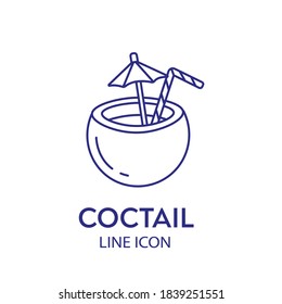 Pina colada cocktail in coconut line icon. linear style sign for mobile concept and web design. Pina colada with umbrella outline vector icon. Symbol, logo illustration. Vector graphics