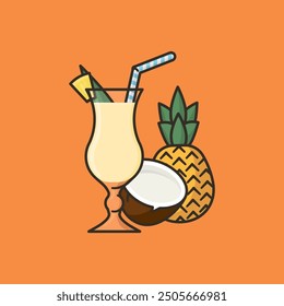 Pina Colada cocktail, coconut and pineapple vector illustration for Piña Colada Day on July 10