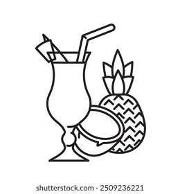 Pina Colada cocktail, coconut and pineapple vector line icon for Piña Colada Day on July 10