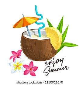 Pina colada cocktail in coconut with slice of pineapple and umbrella, tropical flowers of plumeria. Vector illustration in cartoon style.