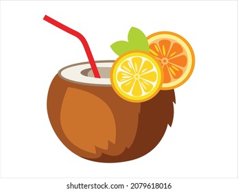 Pina colada cocktail in coconut with slice of oranges and umbrella.
Vector illustration in cartoon style for parties, holidays, beach.
