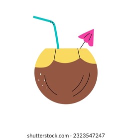 Pina colada cocktail in coconut with slice of pineapple and umbrella. Vector icon