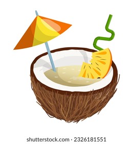 Pina colada cocktail in coconut. vector illustration on a white background.