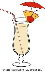 Pina colada cocktail decorated with pineapple slice, cherry and umbrella. Classic alcoholic beverage vector illustration