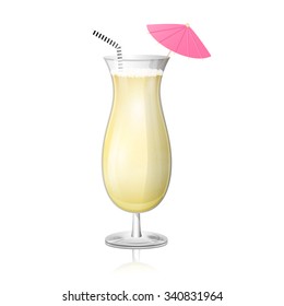 Pina colada cocktail drink isolated with pink umbrella and straw shiny with reflections and foam. Vector illustration.