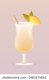 Pina Colada cocktail garnished with pineapple slice and green leaf against pink background. Vector illustration. Creative design. Concept of alcohol drink, bar menu, refreshment, relaxation.