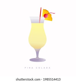 PINA COLADA cocktail garnished with slice of Pineapple and cherry, Vector Illustration  isolated on white background
