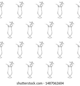 Pina Colada Cocktail in a glass decorated with ananas, cherry, umbrella and tube. Seamless pattern of cocktails. Monochrome sketch, hand drawing. Outline, doodle. Vector illustration. EPS10