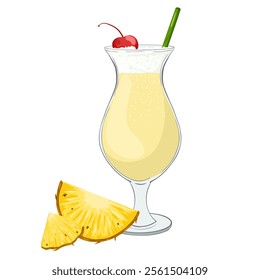 Pina colada cocktail in glass with straw and pineapple slice. Cartoon glass with non-alcoholic mocktail. Vector summer drink. Beverage with pineapple and milk. Print for menu, restaurants, stickers